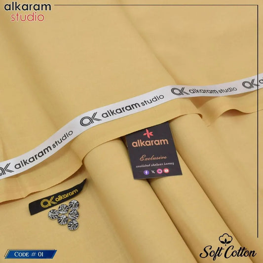 Unstitched Soft Cotton Yellow Suit for Men