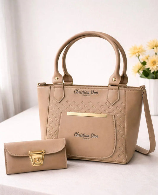 Beige Leather Shoulder Bag Set 8x10" for Women with Wallet