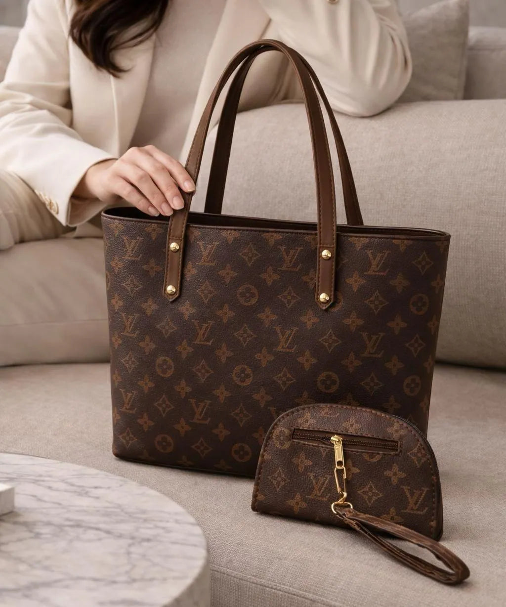 Women's Brown Leather Handbag Set with Small Bag