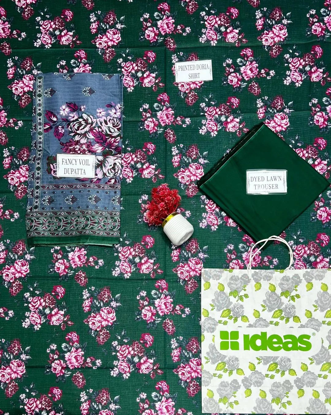Green Printed 3-Piece Dobby Lawn Suit Set