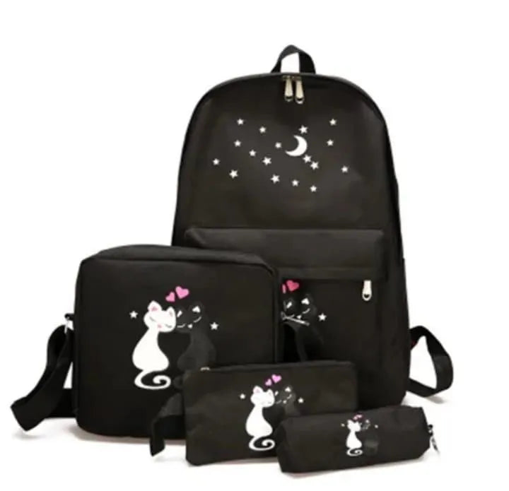 Black Cat Print 4-Piece Backpack Set for Girls