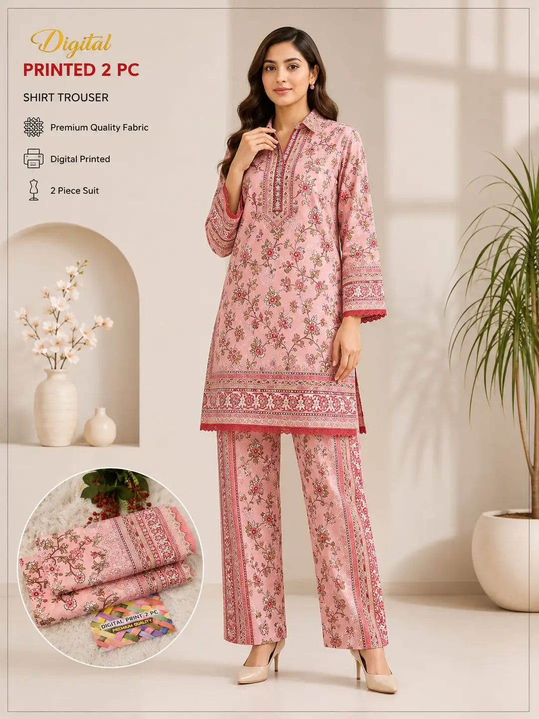 2 Pcs Women's Unstitched 3-D Block Printed Suit