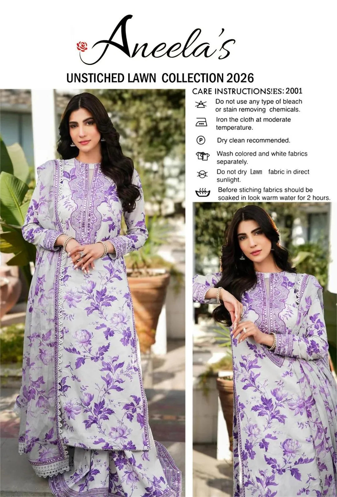 3 Pcs Anela's Unstitched Lawn 2026 Purple Floral Suit