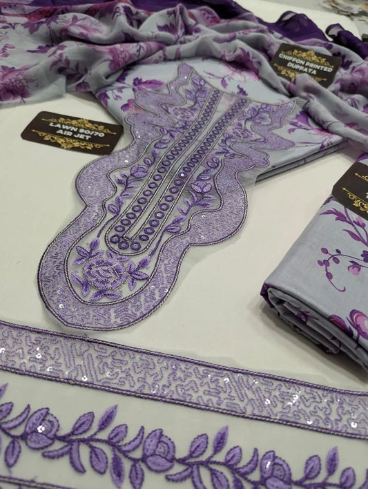 3 Pcs Anela's Unstitched Lawn 2026 Purple Floral Suit