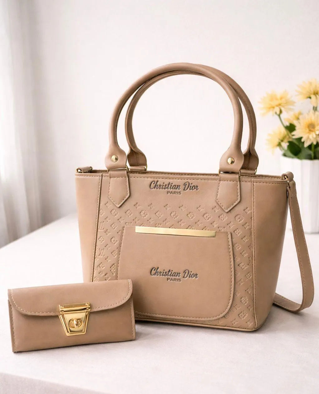 Beige Leather Shoulder Bag Set 8x10" for Women with Wallet