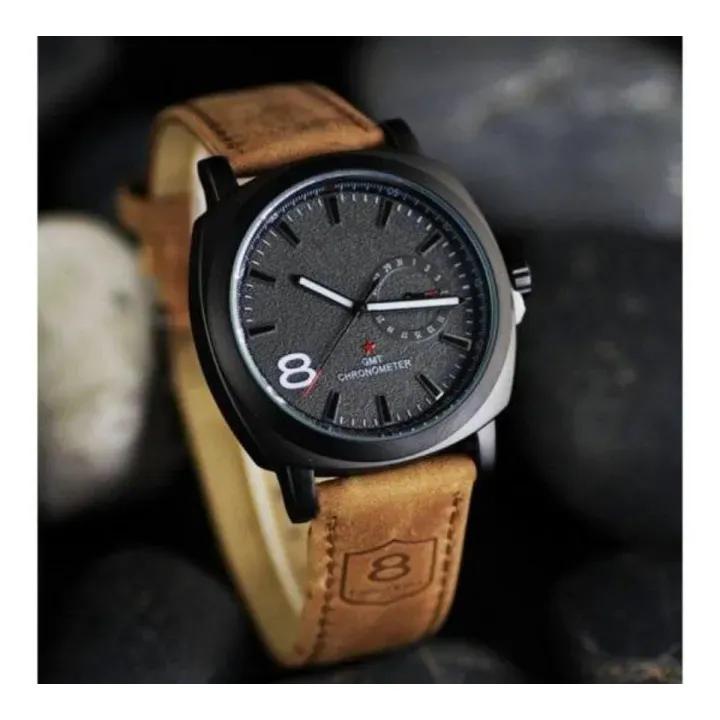 Men's Black Dial Leather Strap Watch with 12-Hour Display