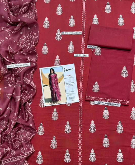 3 Pcs Women's Unstitched Embroidered Suit