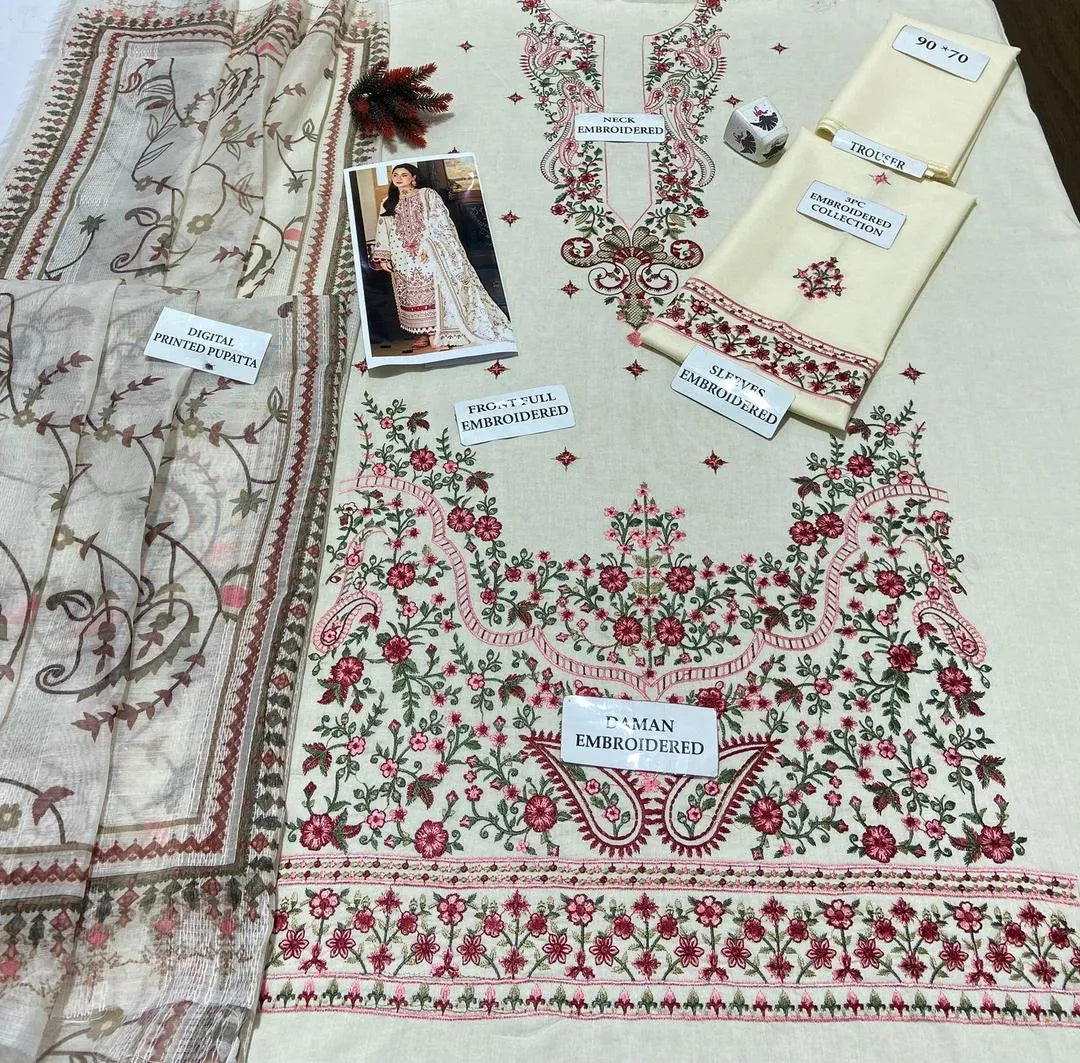 Off White Embroidered Lawn 3Pcs Set