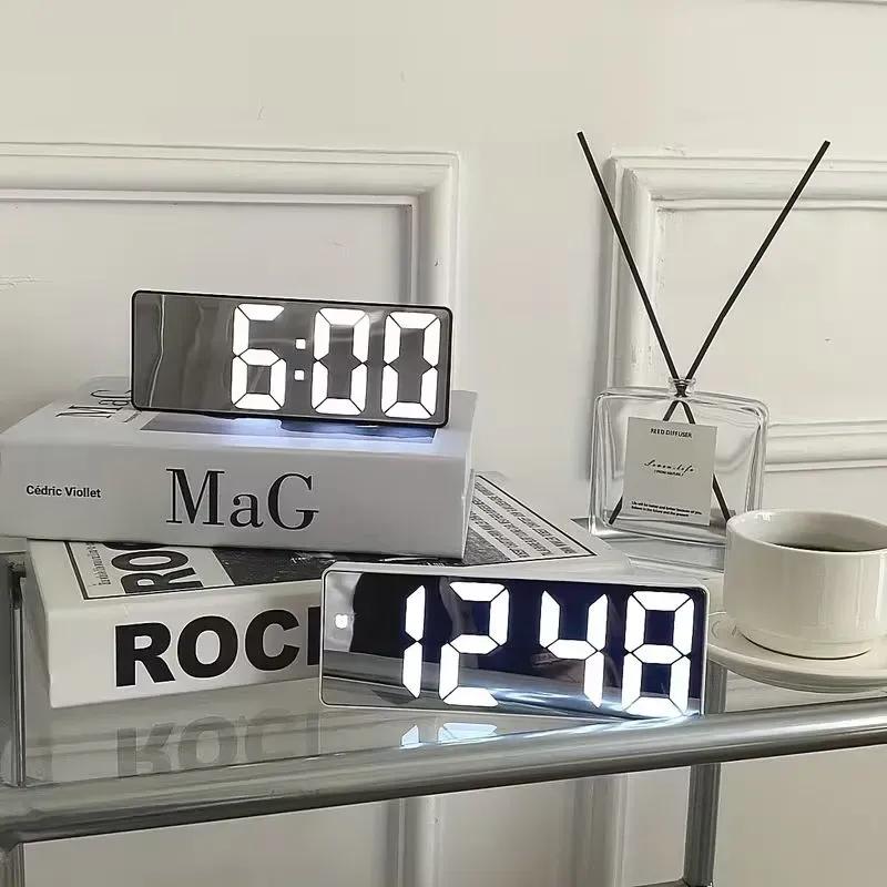 Modern LED Mirror Clock White 50ml Wake Up Feature