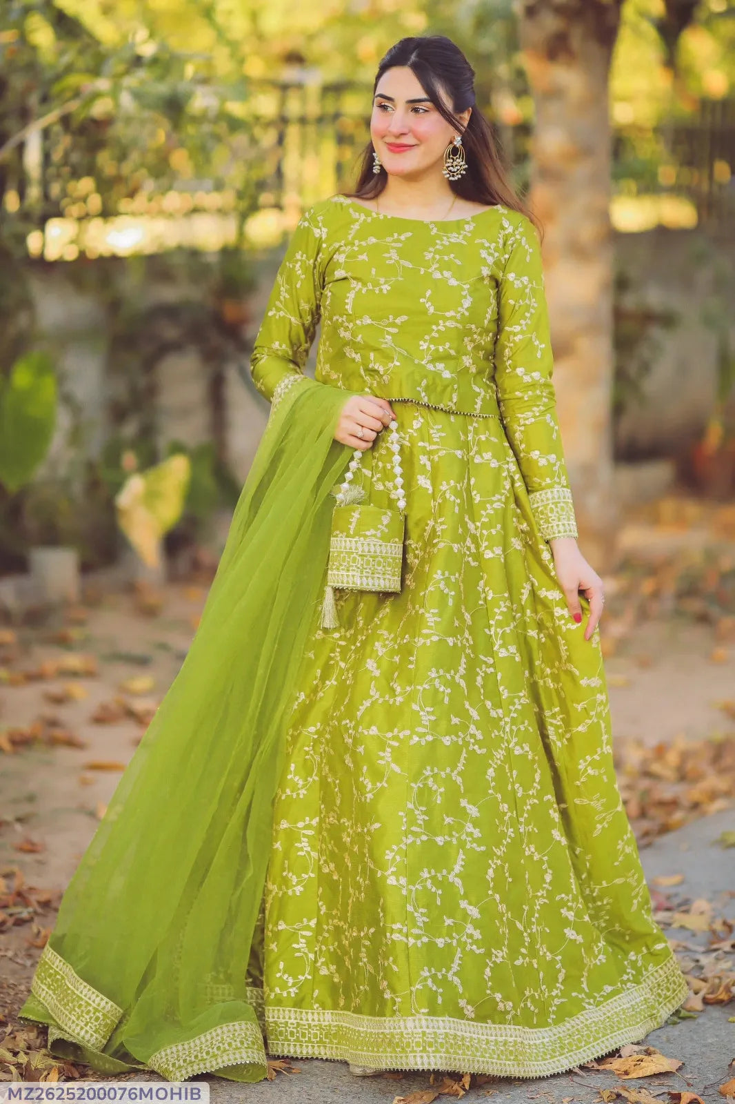 Katan Silk Embroidered Lehenga Choli Set Green 4-Piece