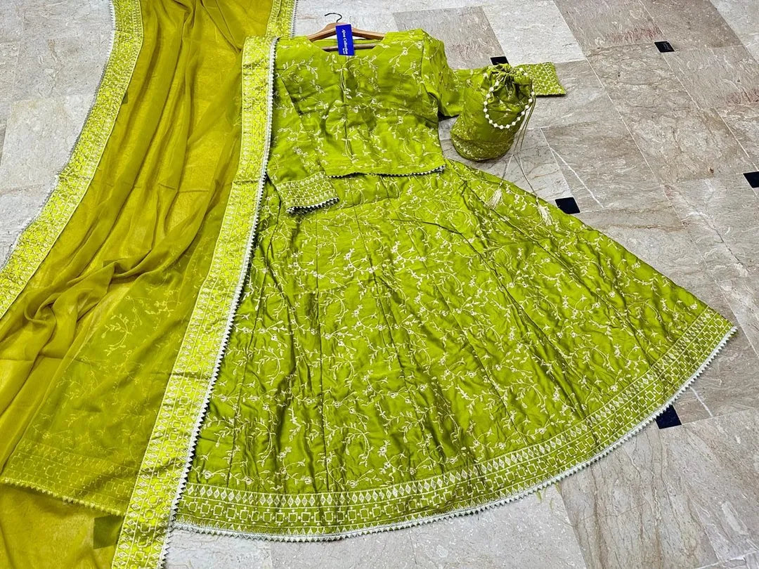 Katan Silk Embroidered Lehenga Choli Set Green 4-Piece