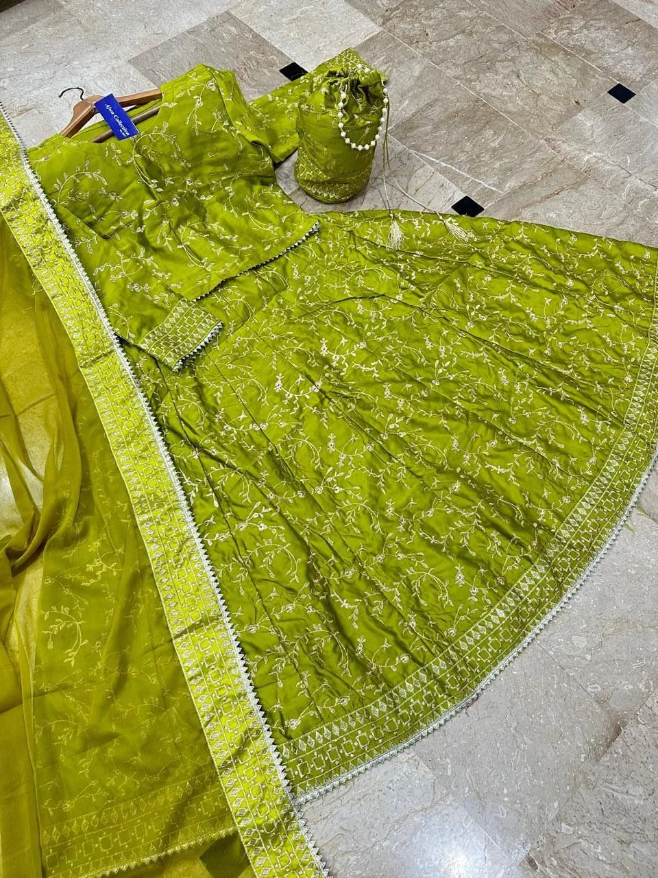 Katan Silk Embroidered Lehenga Choli Set Green 4-Piece