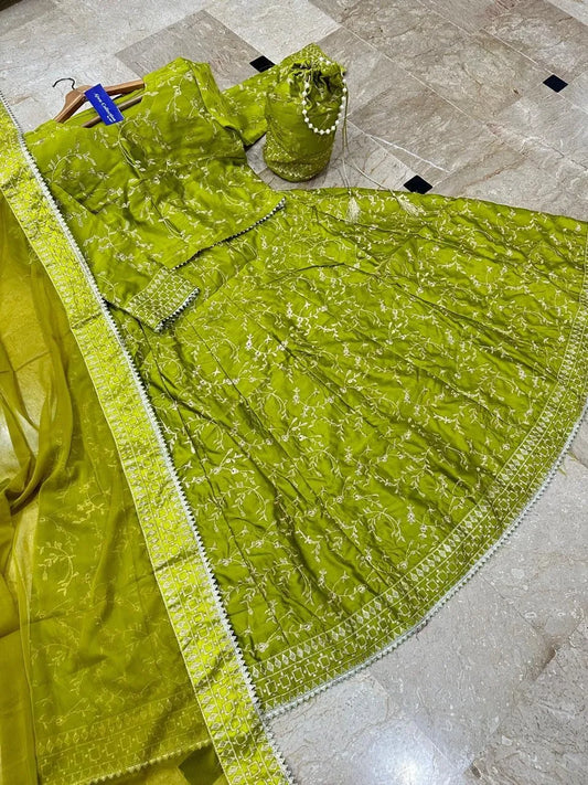 Katan Silk Embroidered Lehenga Choli Set Green 4-Piece
