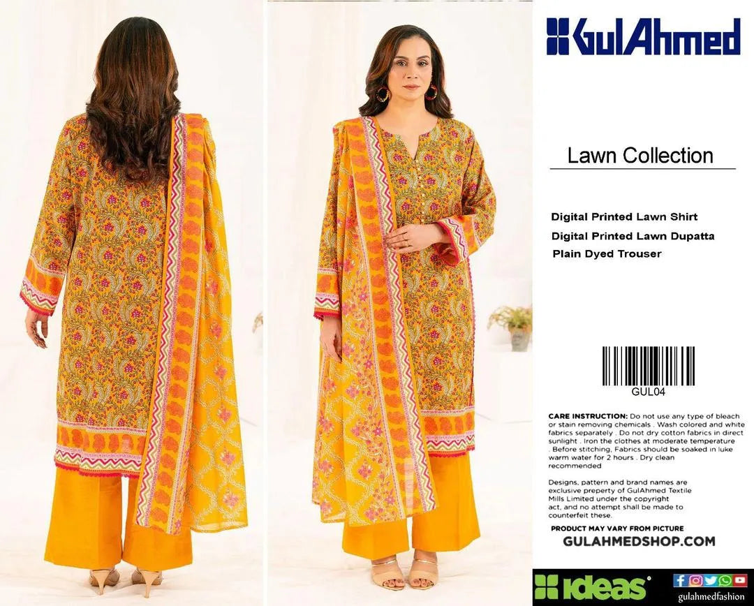 3 Pcs Unstitched Printed Lawn Suit Yellow