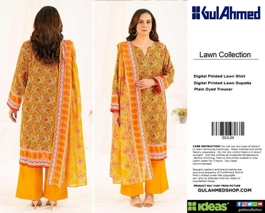 3 Pcs Unstitched Printed Lawn Suit Yellow