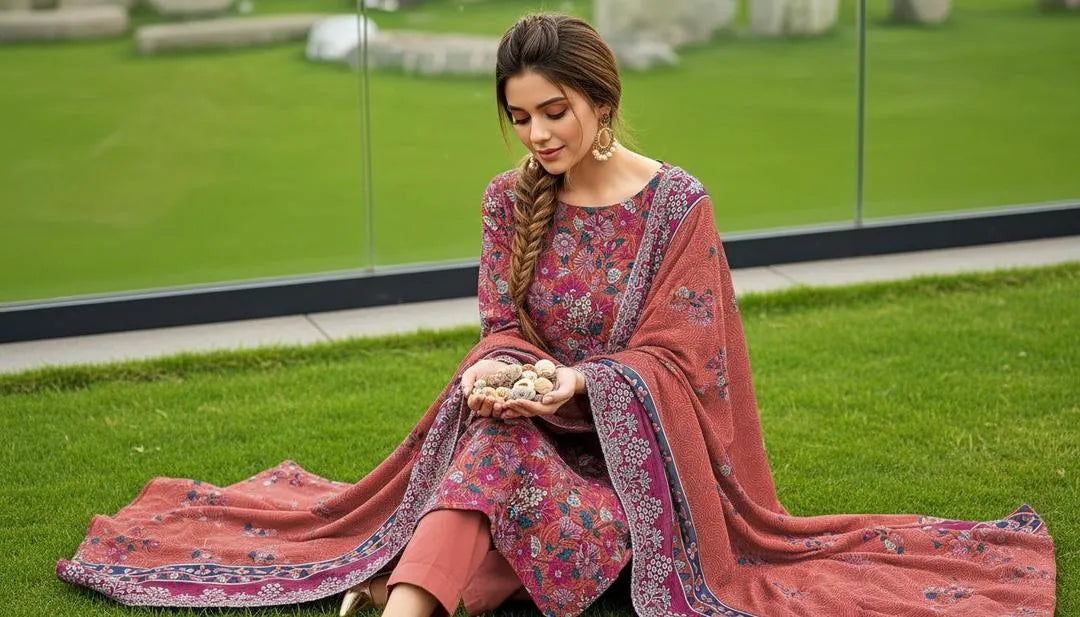 3 pcs Unstitched Printed Lawn Suit Orange Bridal Party Wear