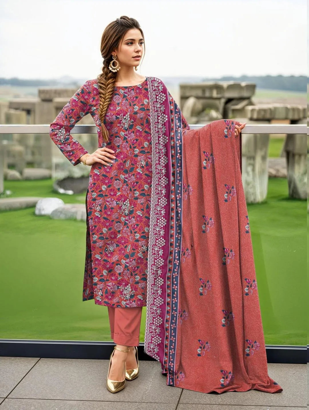 3 pcs Unstitched Printed Lawn Suit Orange Bridal Party Wear
