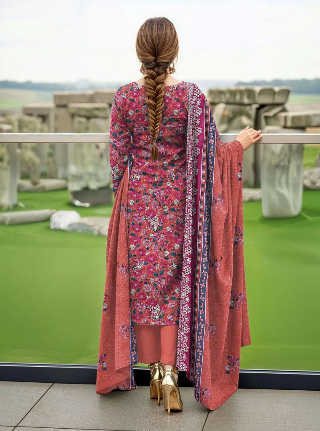 3 pcs Unstitched Printed Lawn Suit Orange Bridal Party Wear