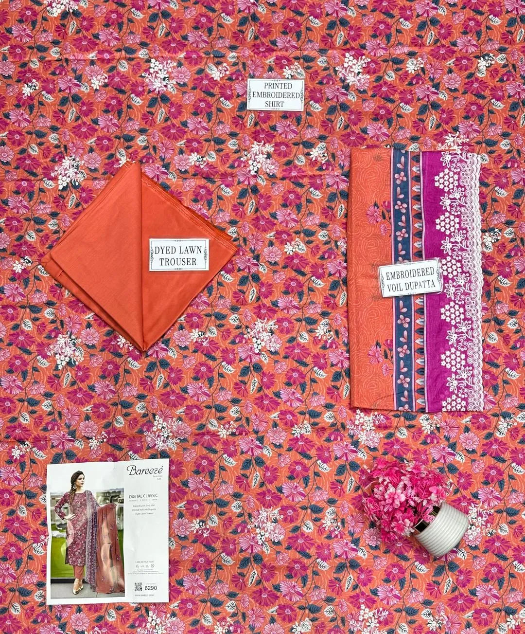 3 pcs Unstitched Printed Lawn Suit Orange Bridal Party Wear