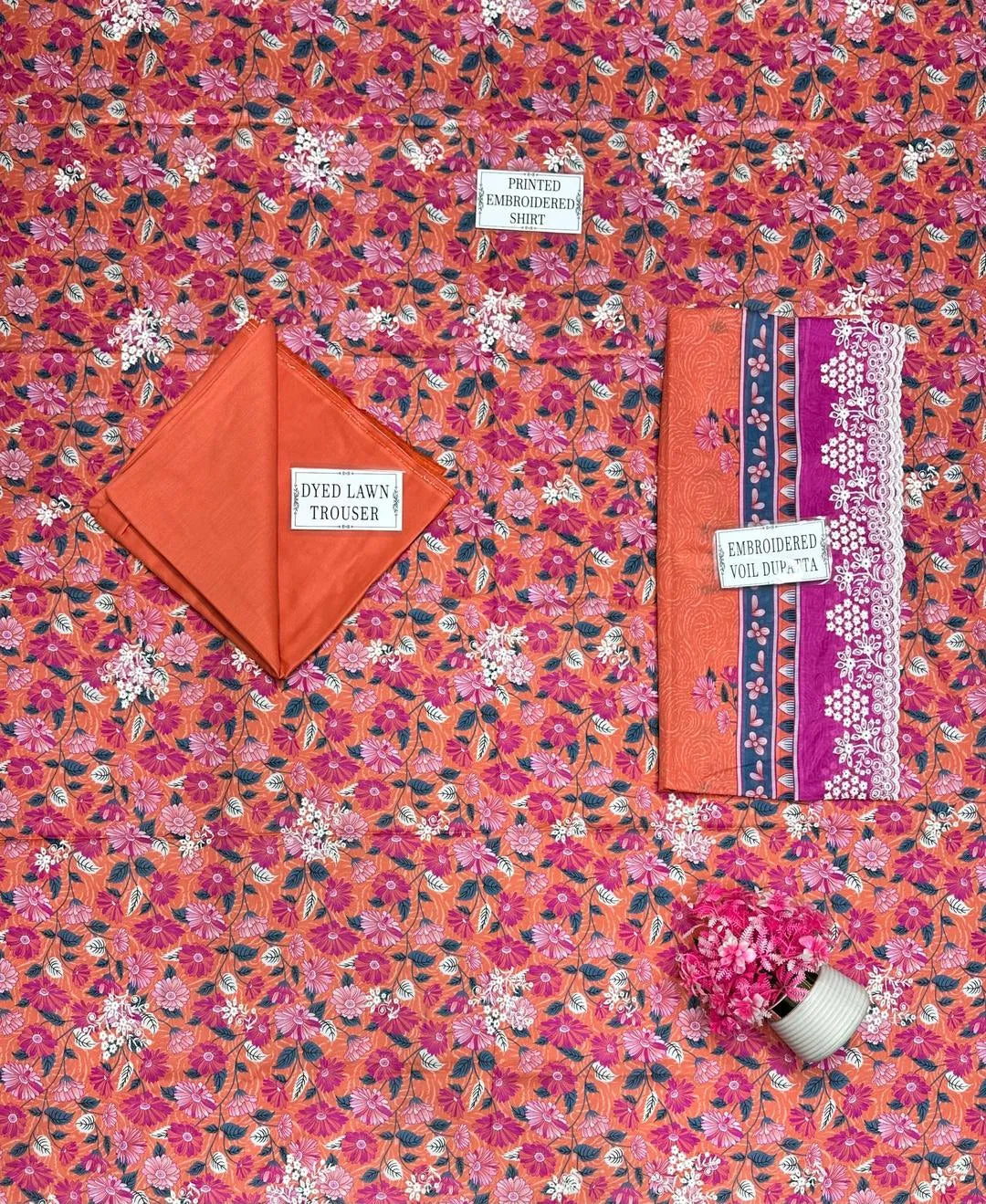 3 pcs Unstitched Printed Lawn Suit Orange Bridal Party Wear