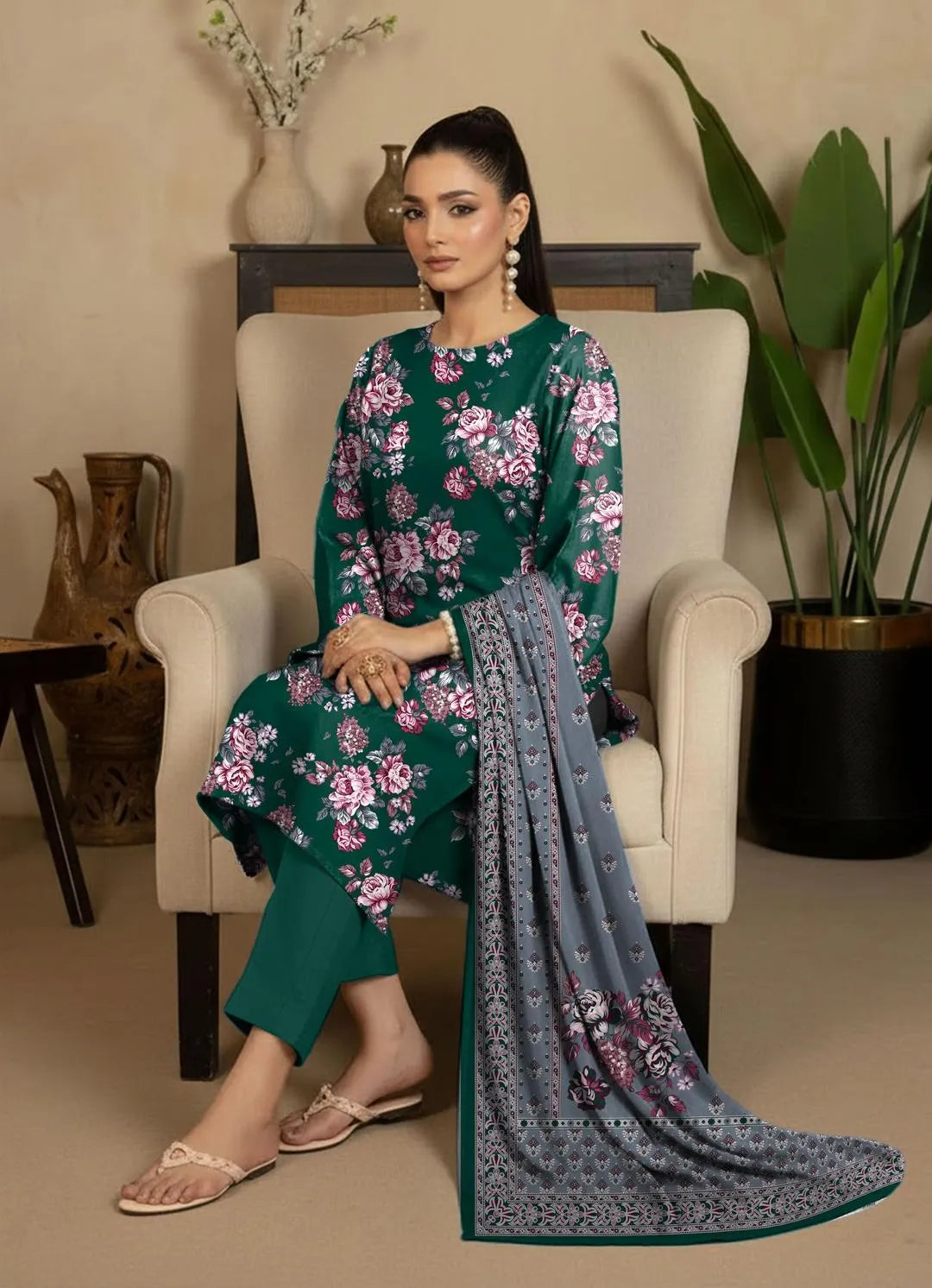 Green Printed 3-Piece Dobby Lawn Suit Set