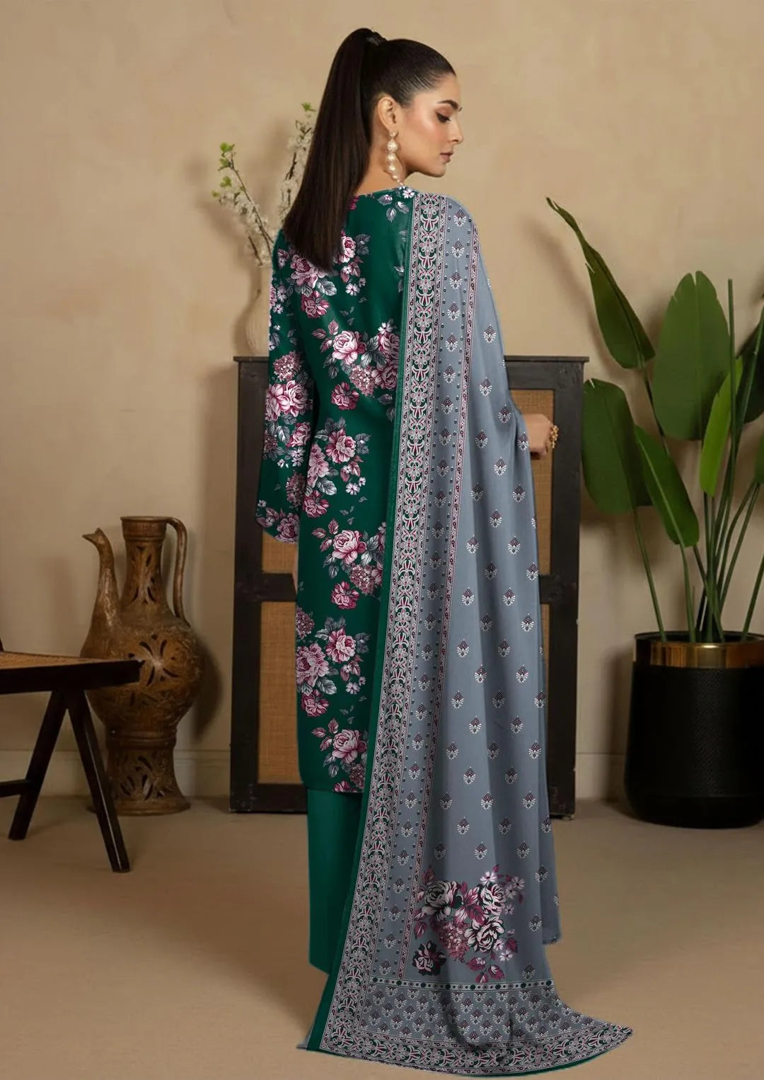 Green Printed 3-Piece Dobby Lawn Suit Set