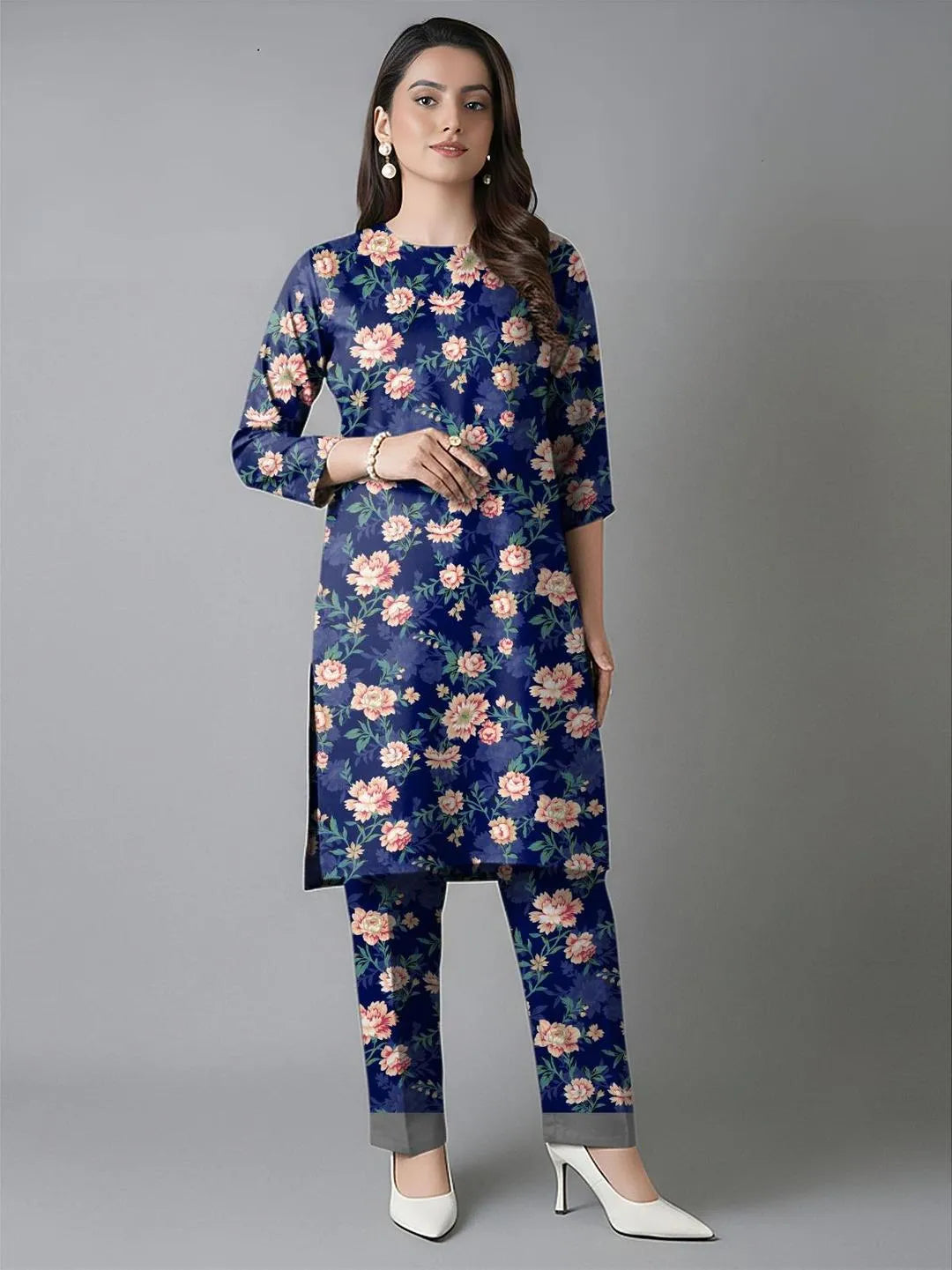 2 Pcs Unstitched Printed Blue Floral Suit for Women