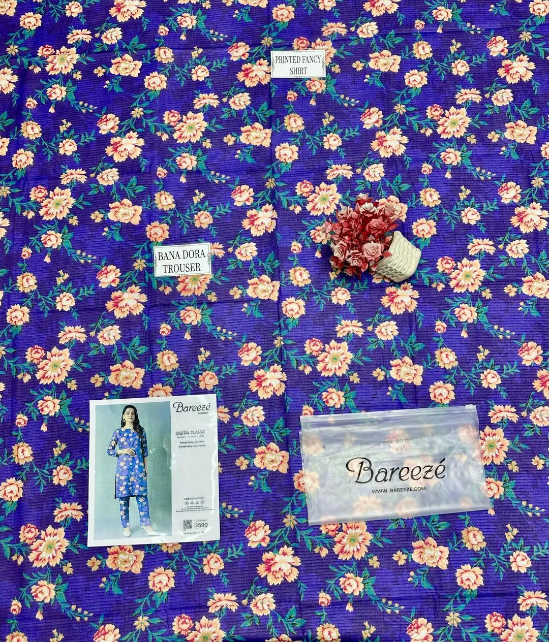 2 Pcs Unstitched Printed Blue Floral Suit for Women