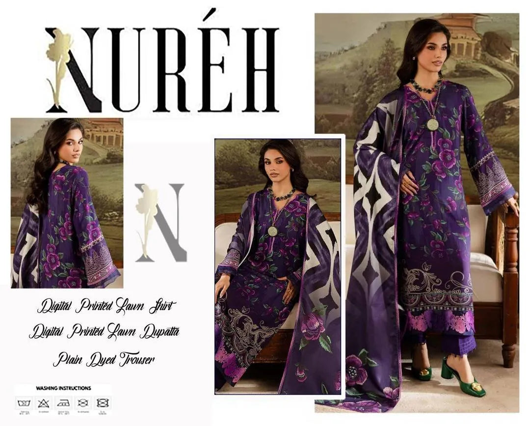 Nureh Digital Lawn Printed 3-Piece Suit Purple