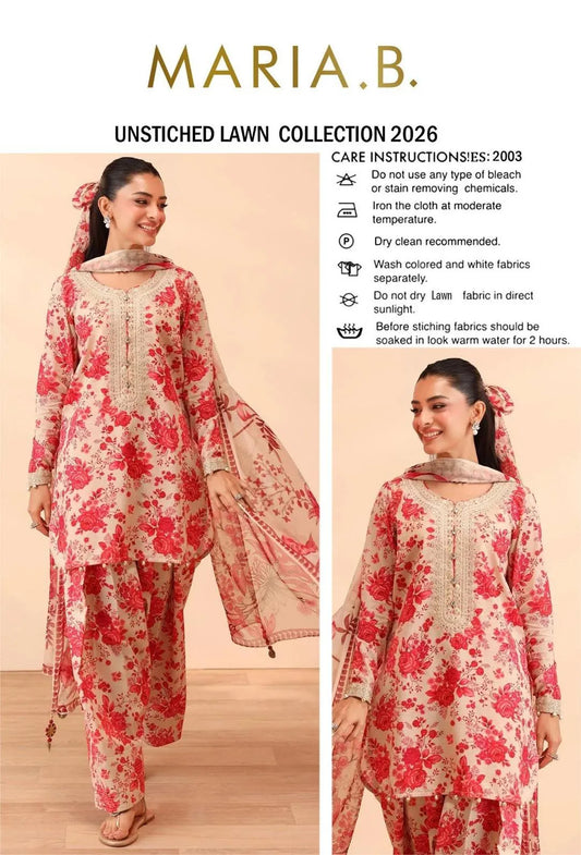 3 Pcs Maria B. Unstitched Lawn Suit Red Floral 2026