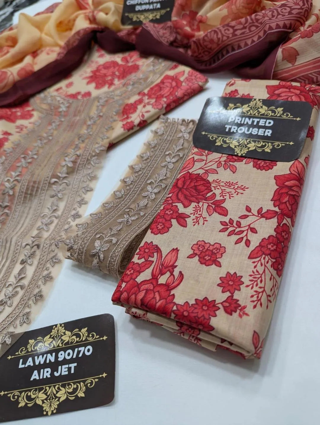 3 Pcs Maria B. Unstitched Lawn Suit Red Floral 2026