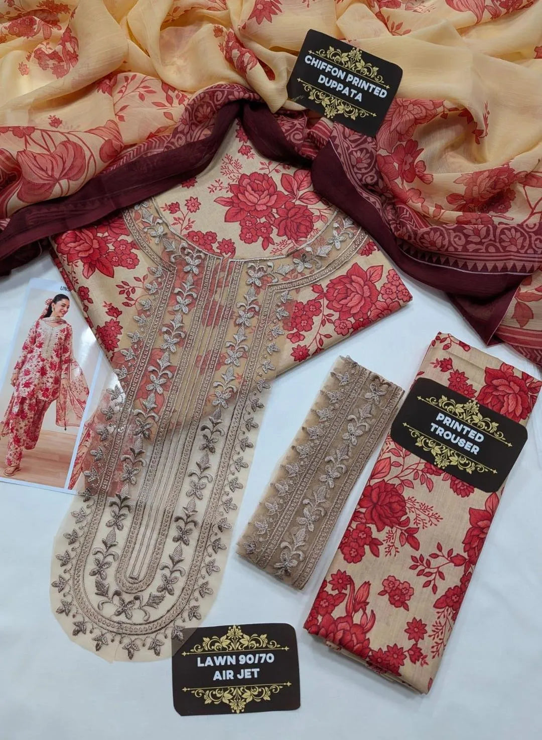 3 Pcs Maria B. Unstitched Lawn Suit Red Floral 2026