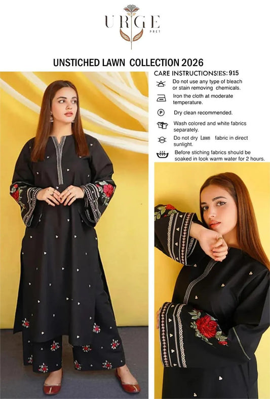 2 Pcs Unstitched Lawn Suit Black Embroidered 2026 Summer Collection