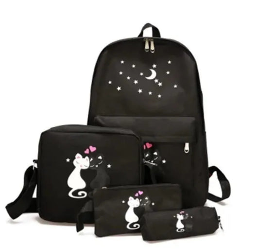 Black Cat Print 4-Piece Backpack Set for Girls