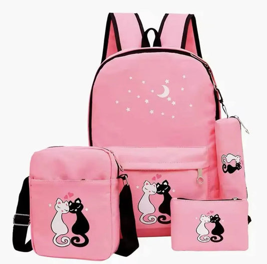 Black Cat Print 4-Piece Backpack Set for Girls