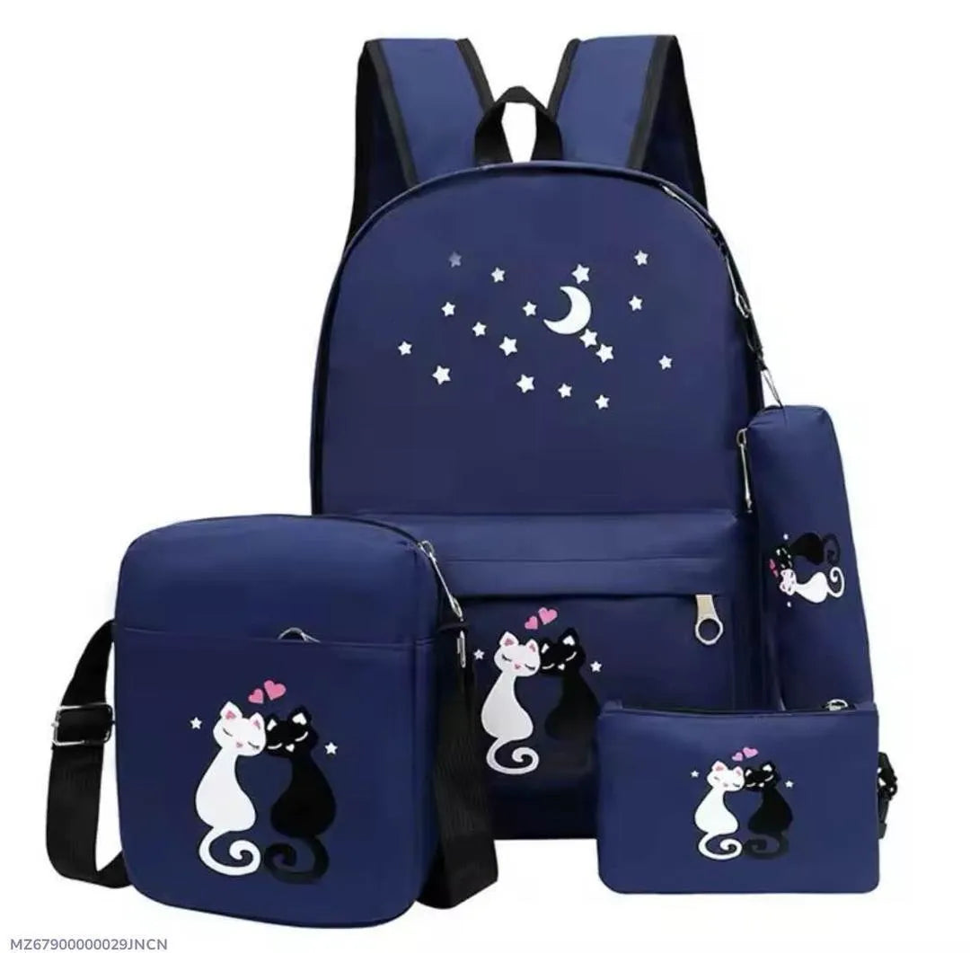 Black Cat Print 4-Piece Backpack Set for Girls